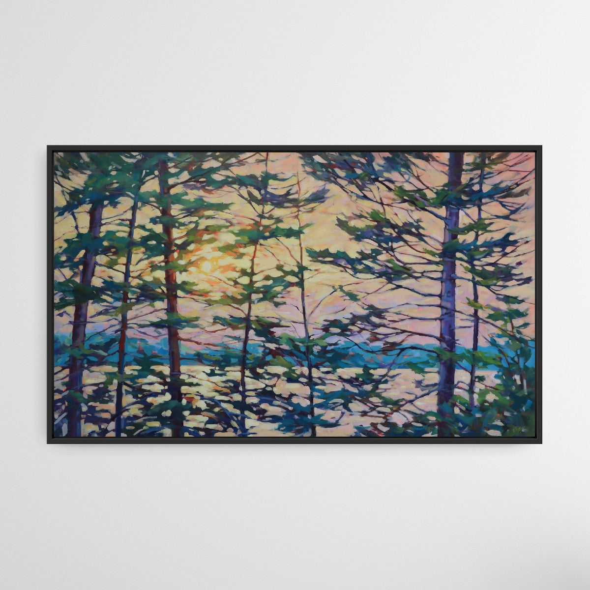 "Evening Glow Through the Pines" Acrylic on canvas 36"x60" FRAMED