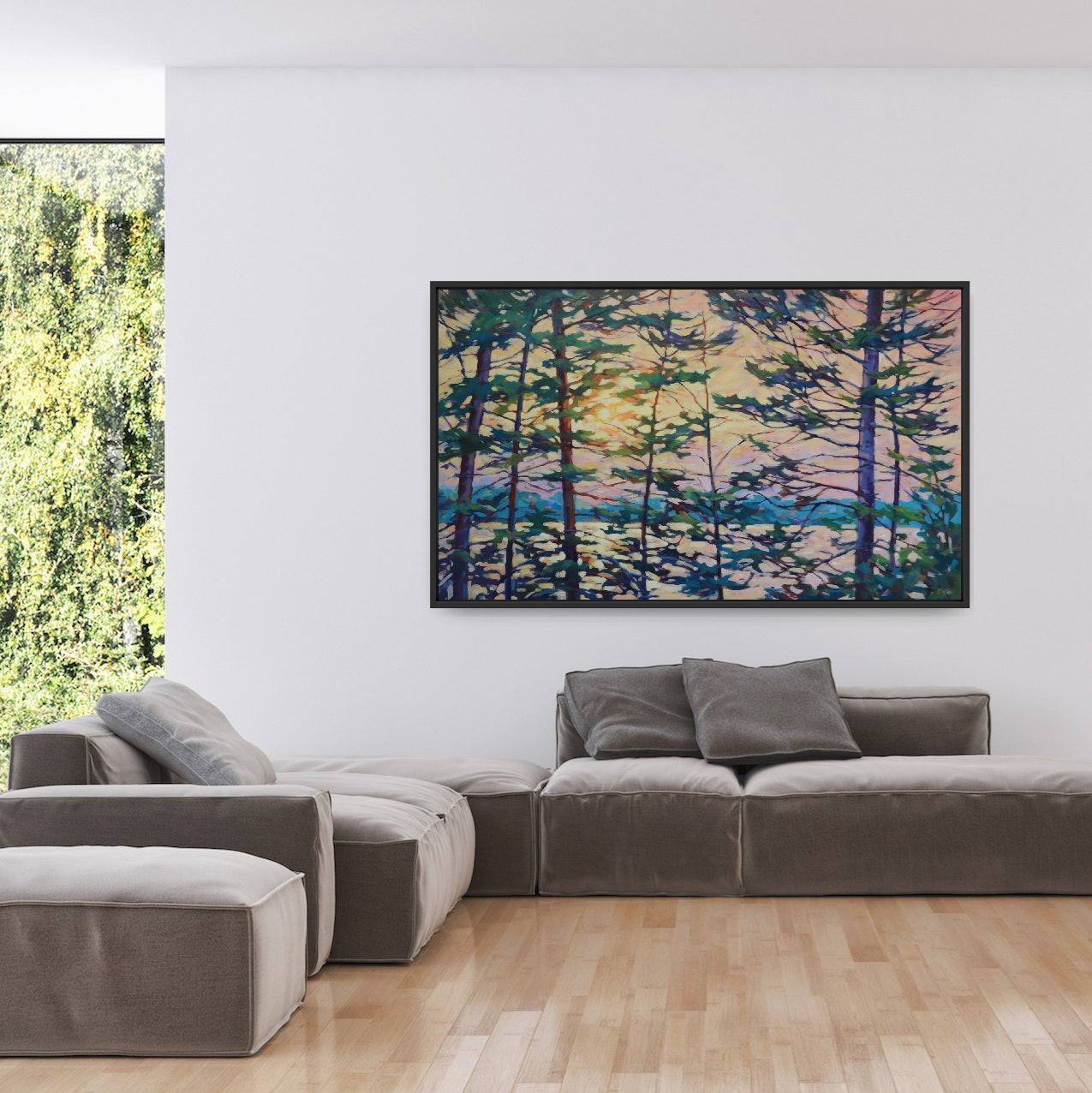 "Evening Glow Through the Pines" Acrylic on canvas 36"x60" FRAMED