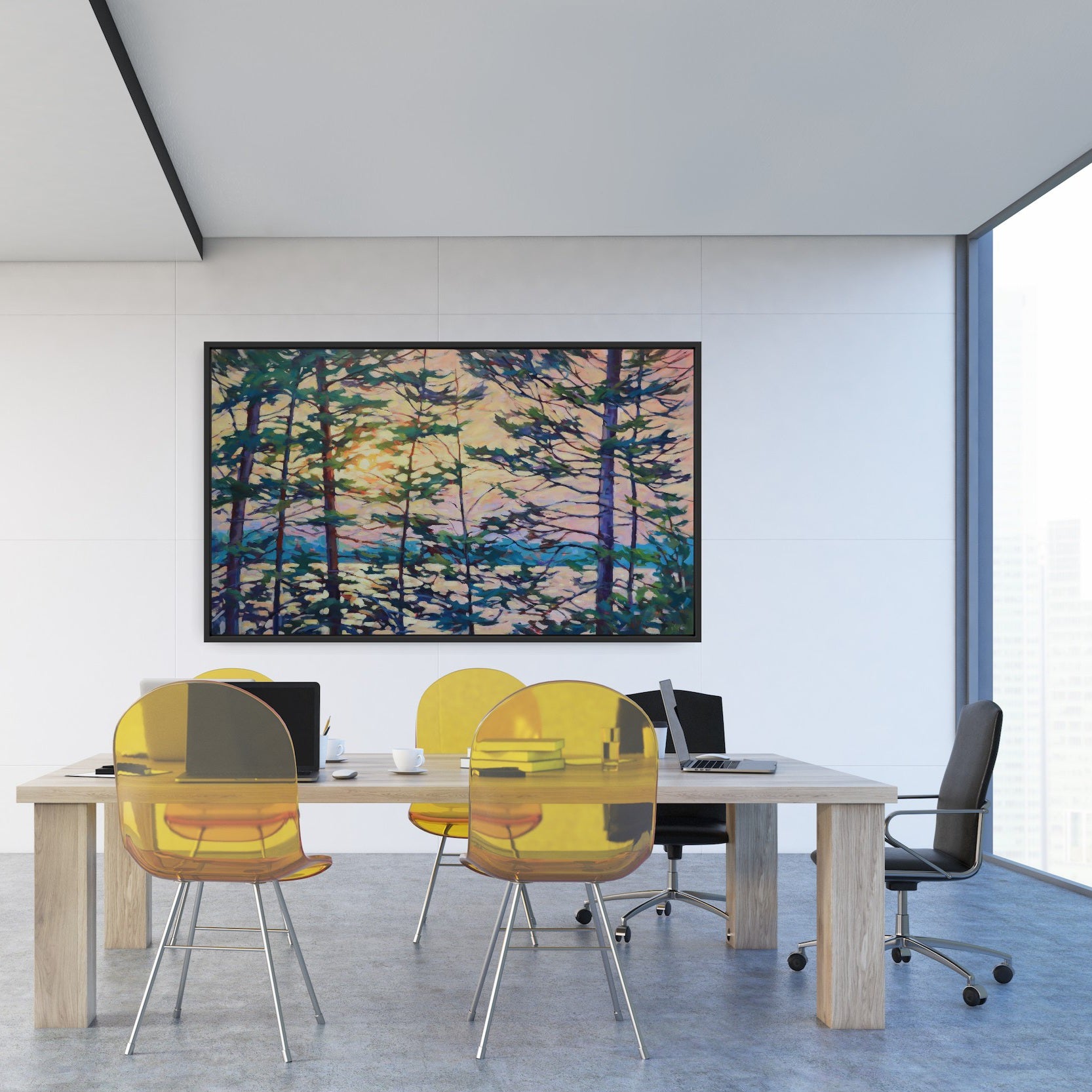 "Evening Glow Through the Pines" Acrylic on canvas 36"x60" FRAMED