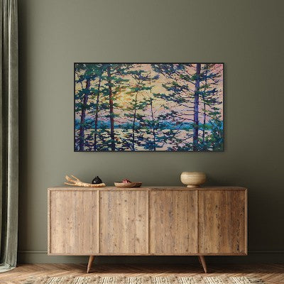 "Evening Glow Through the Pines" Acrylic on canvas 36"x60" FRAMED