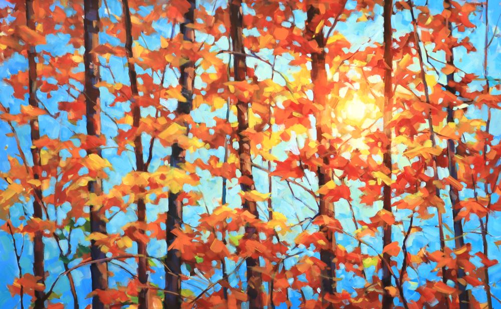 Original Acrylic painting depicted Sun shining through orange and red autumn trees.