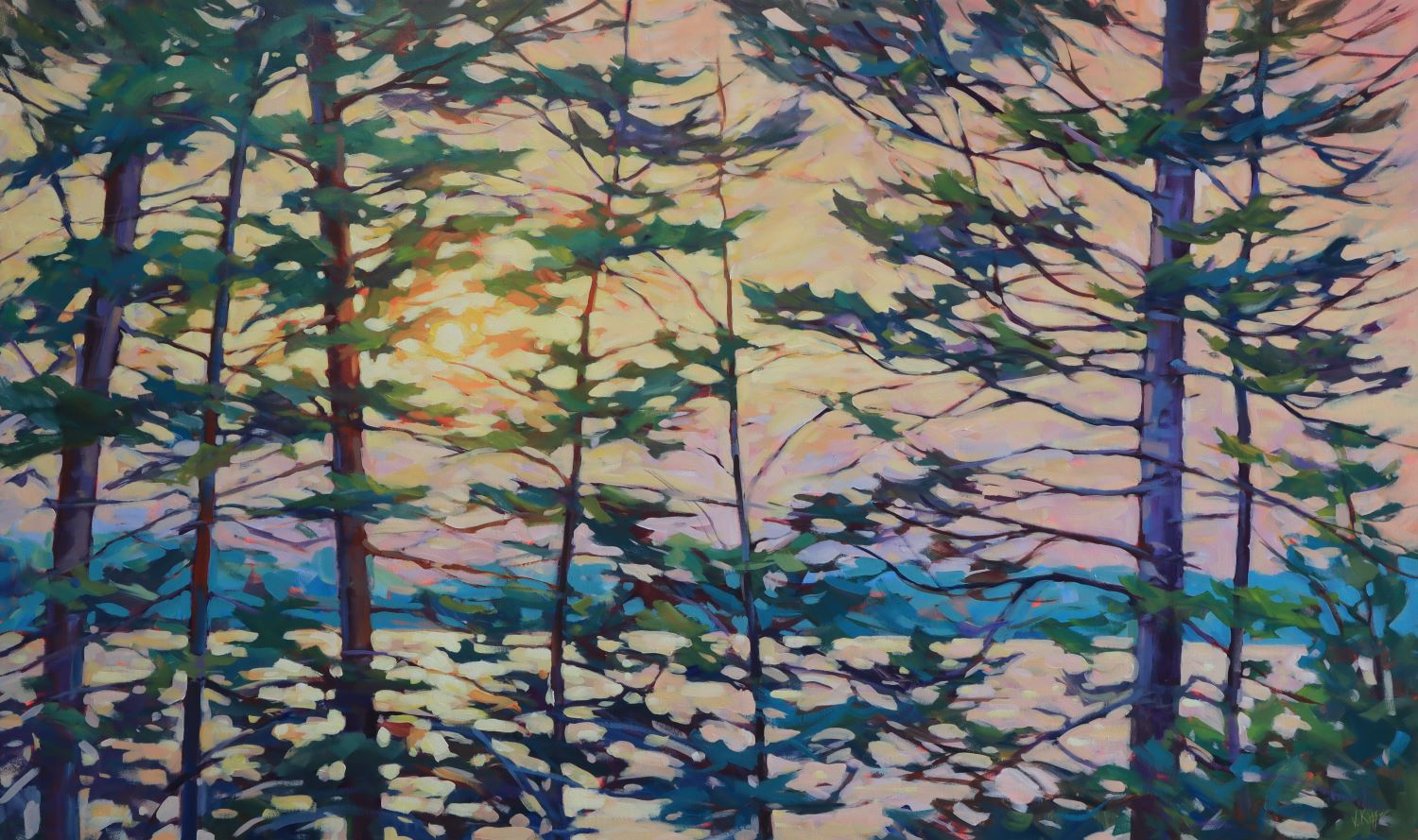 "Evening Glow Through the Pines" Acrylic on canvas 36"x60" FRAMED