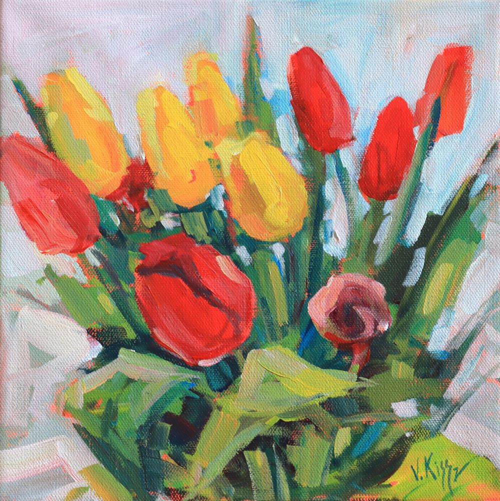 Original small acrylic painting on 10x10 inches canvas of spring flowers Tulips by artist Vera Kisseleva