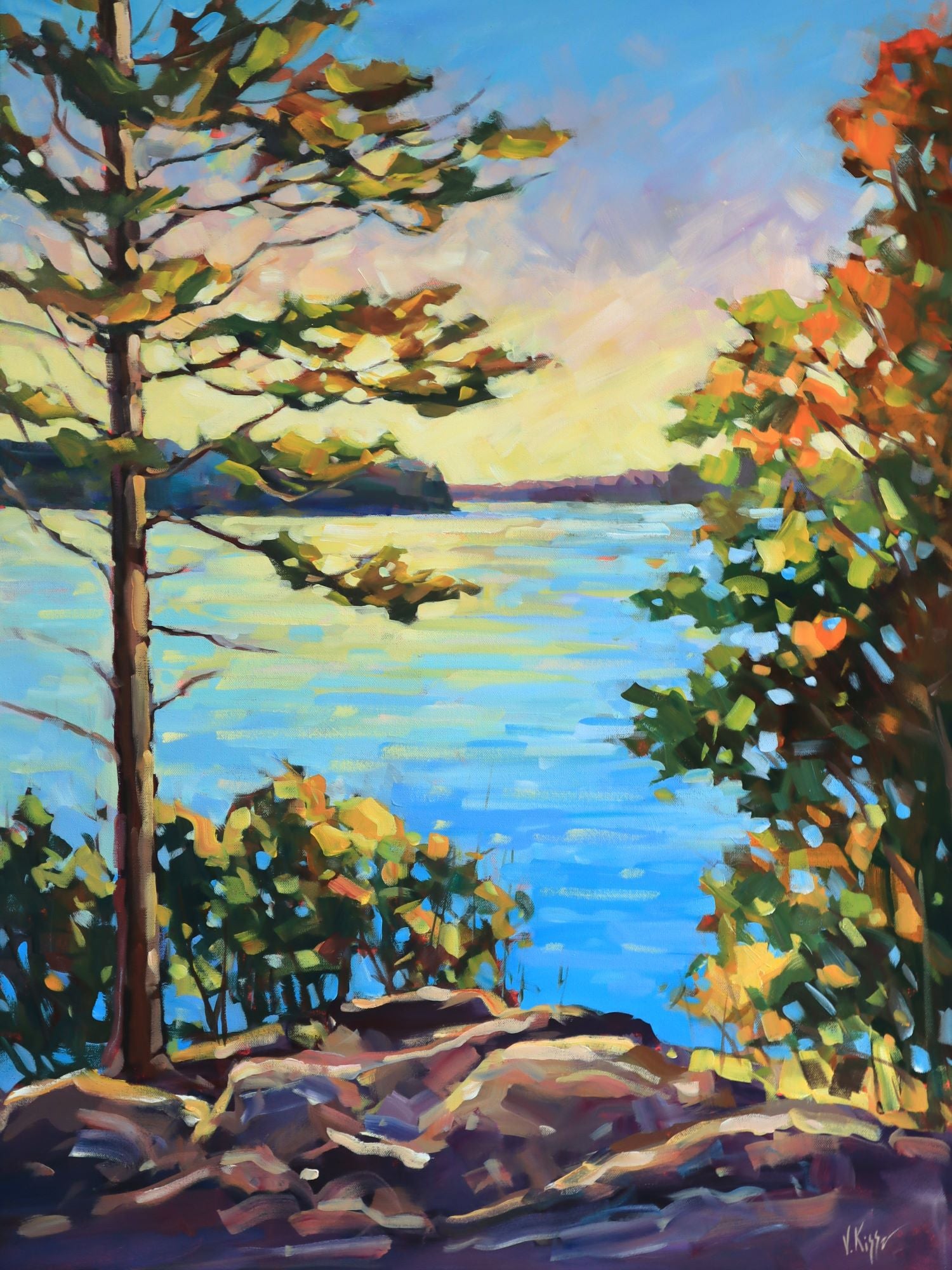 Large scale original acrylic painting on 40x30 inches canvas depicted sunset over Georgian Bay by Canadian artist Vera Kisseleva