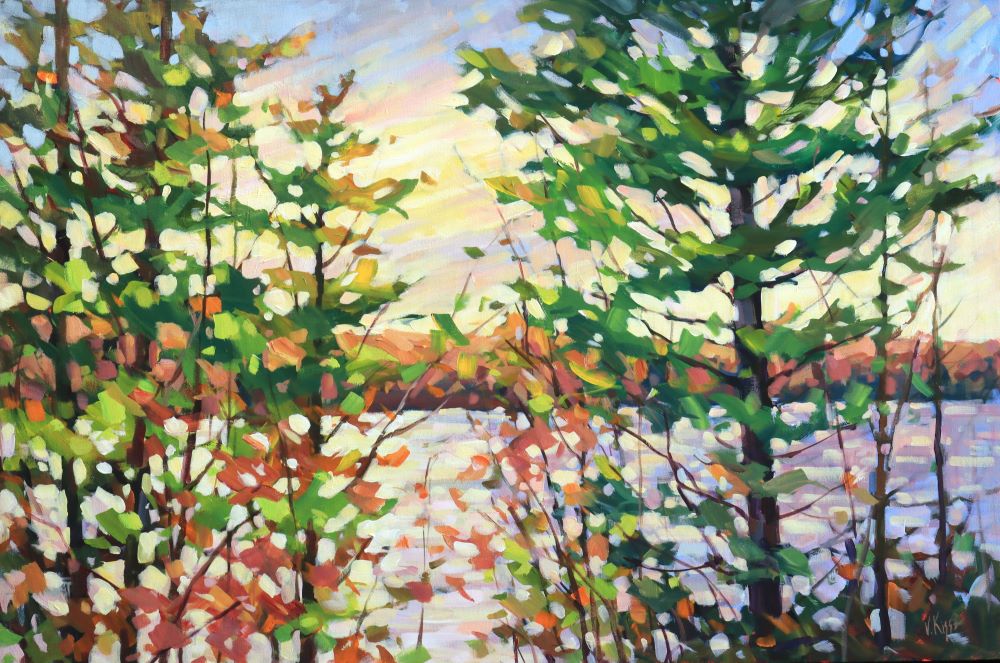 Original acrylic landscape painting of an autumn tees by the lake, 24x36 inches by local artist Vera Kisseleva