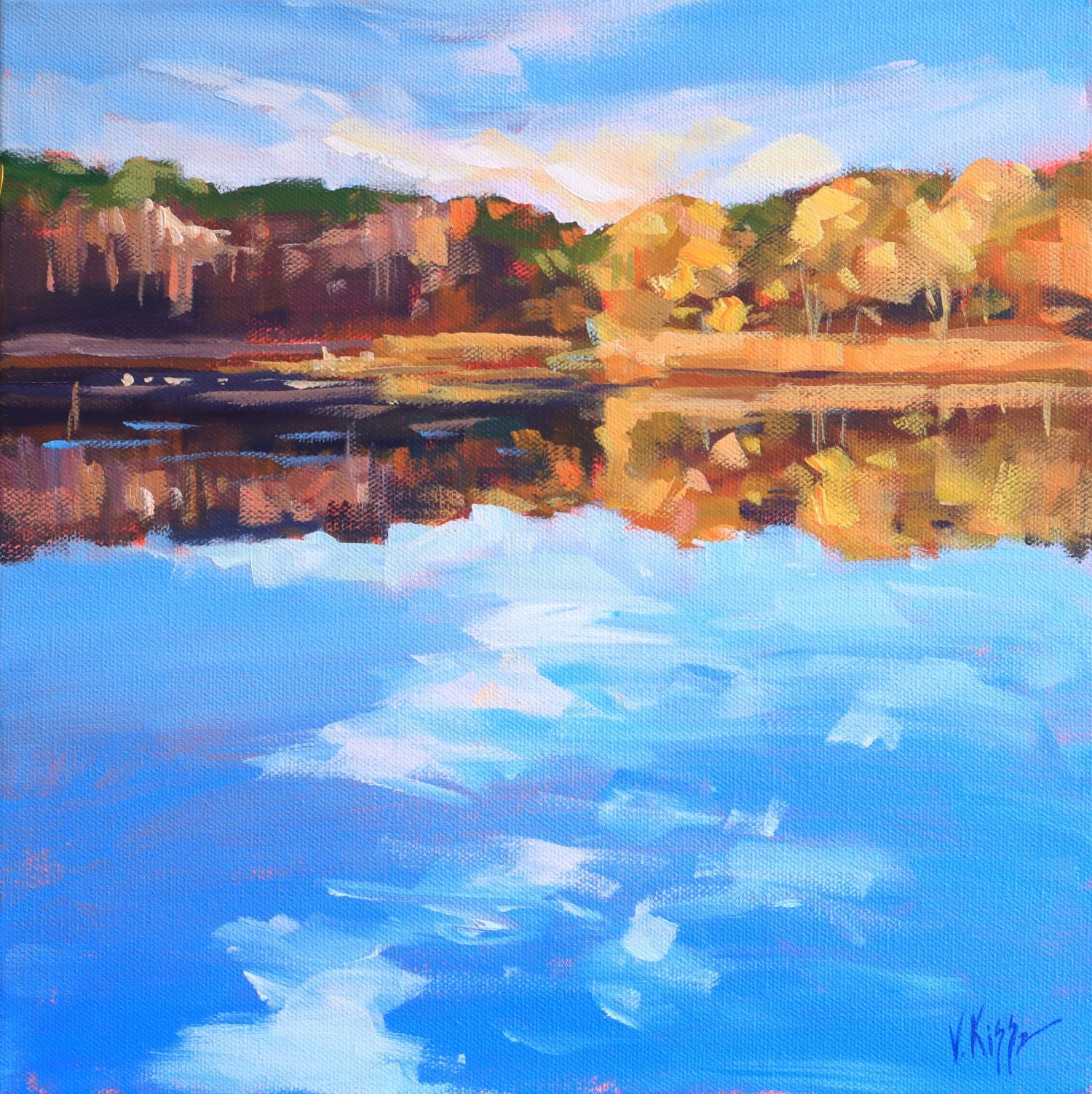 Original 12x12 inches acrylic landscape painting depicted reflection of the trees in the lake by Ontario based artist Vera Kisseleva