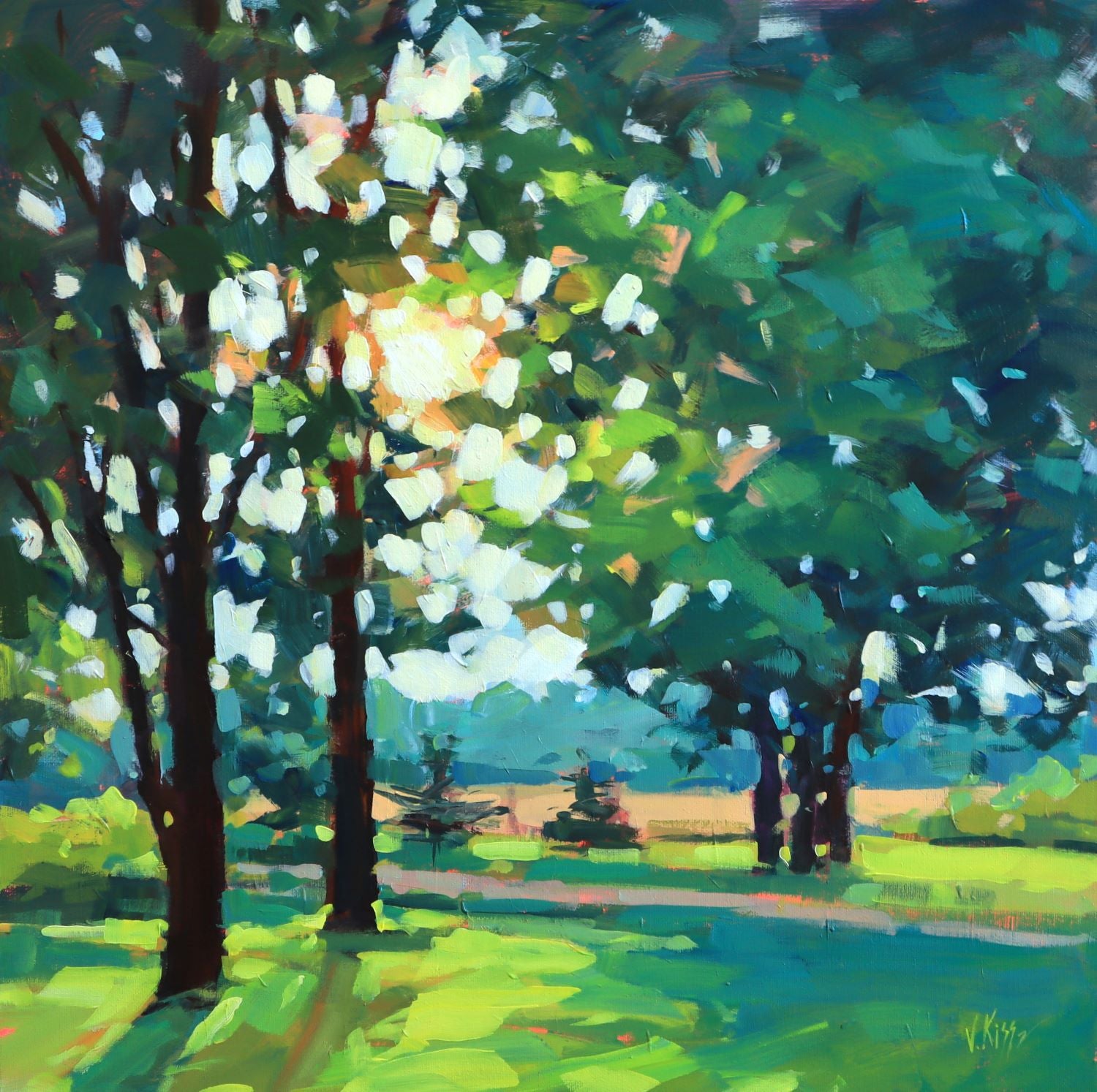 Original acrylic Landscape painting on 20 by 20 inch canvas of a countryside sunset by artist Vera Kisseleva