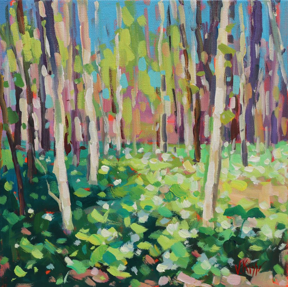 Original square foot acrylic landscape painting of a spring Ontario forest by local artist Vera Kisseleva
