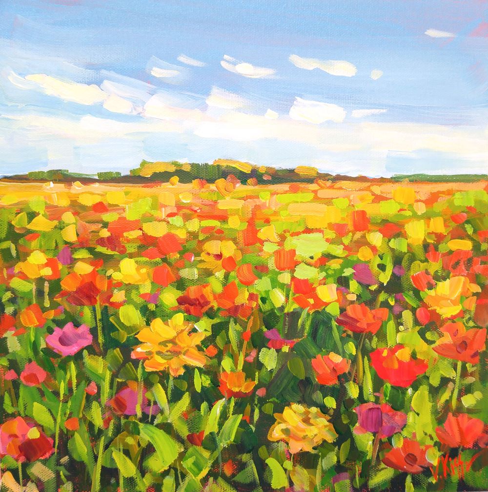 Original acrylic square foot painting on canvas of summer flower field by Canadian artist Vera Kisseleva