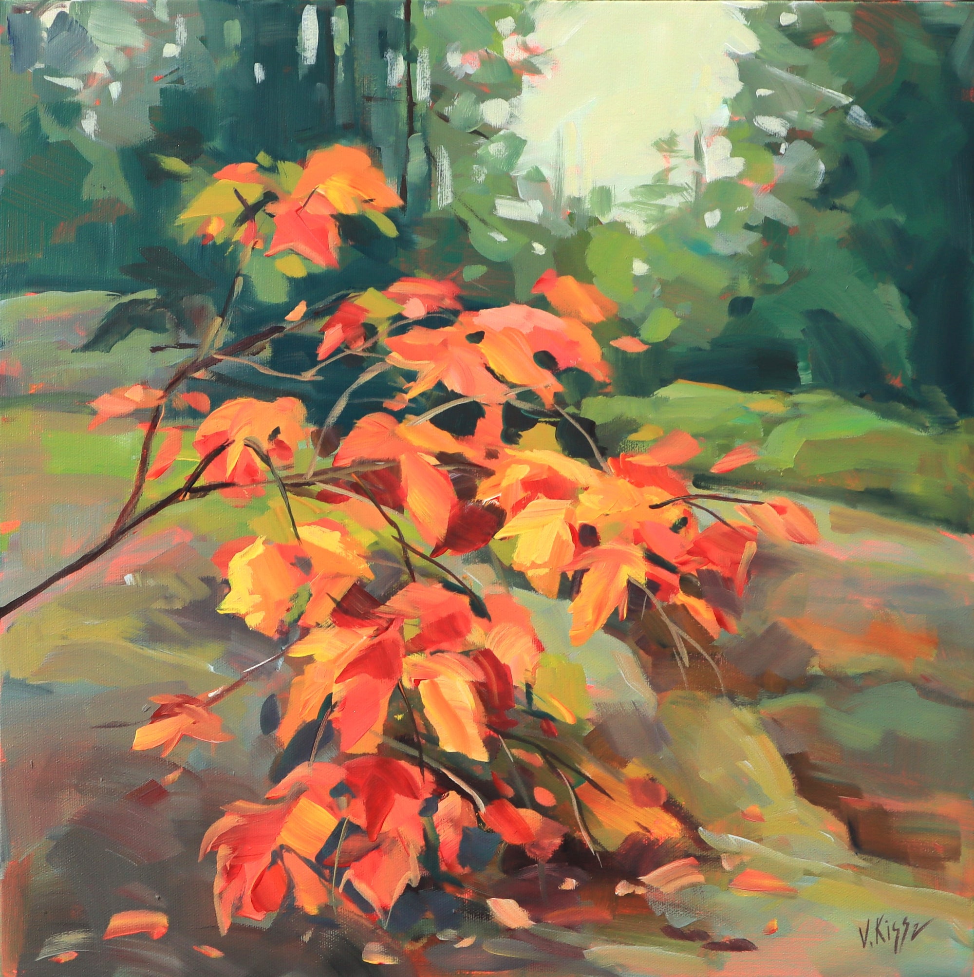 Painting of autumn leaves with vibrant orange and red colors against a green background.