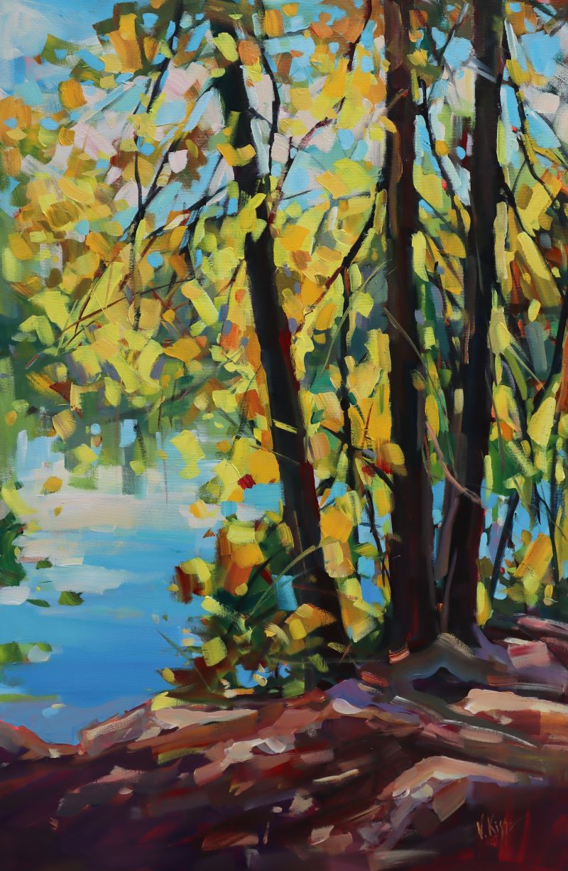 Autumn Trees at the Lake Original Acrylic painting on canvas for sale by Vera Kisseleva