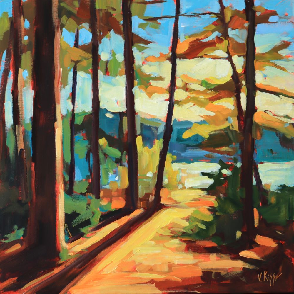 Colorful painting of a forest path with trees and sky.