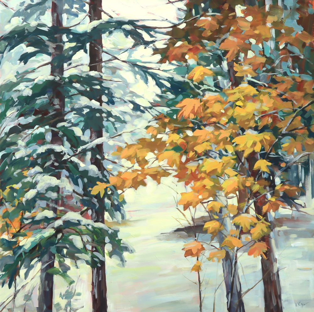Painting of trees with snow on one side and autumn leaves on the other.