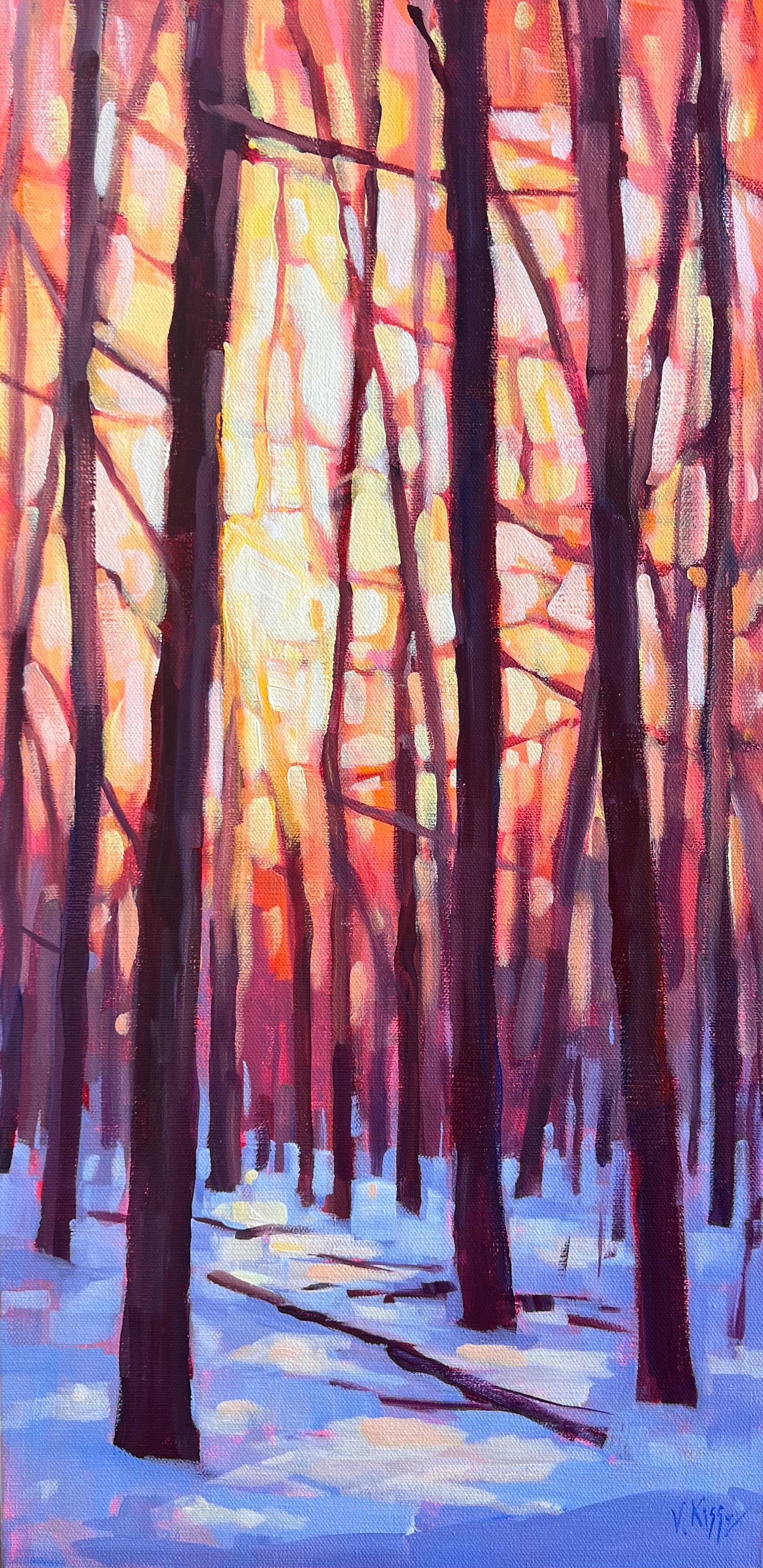 Painting of a winter forest with bare trees and a colorful sky