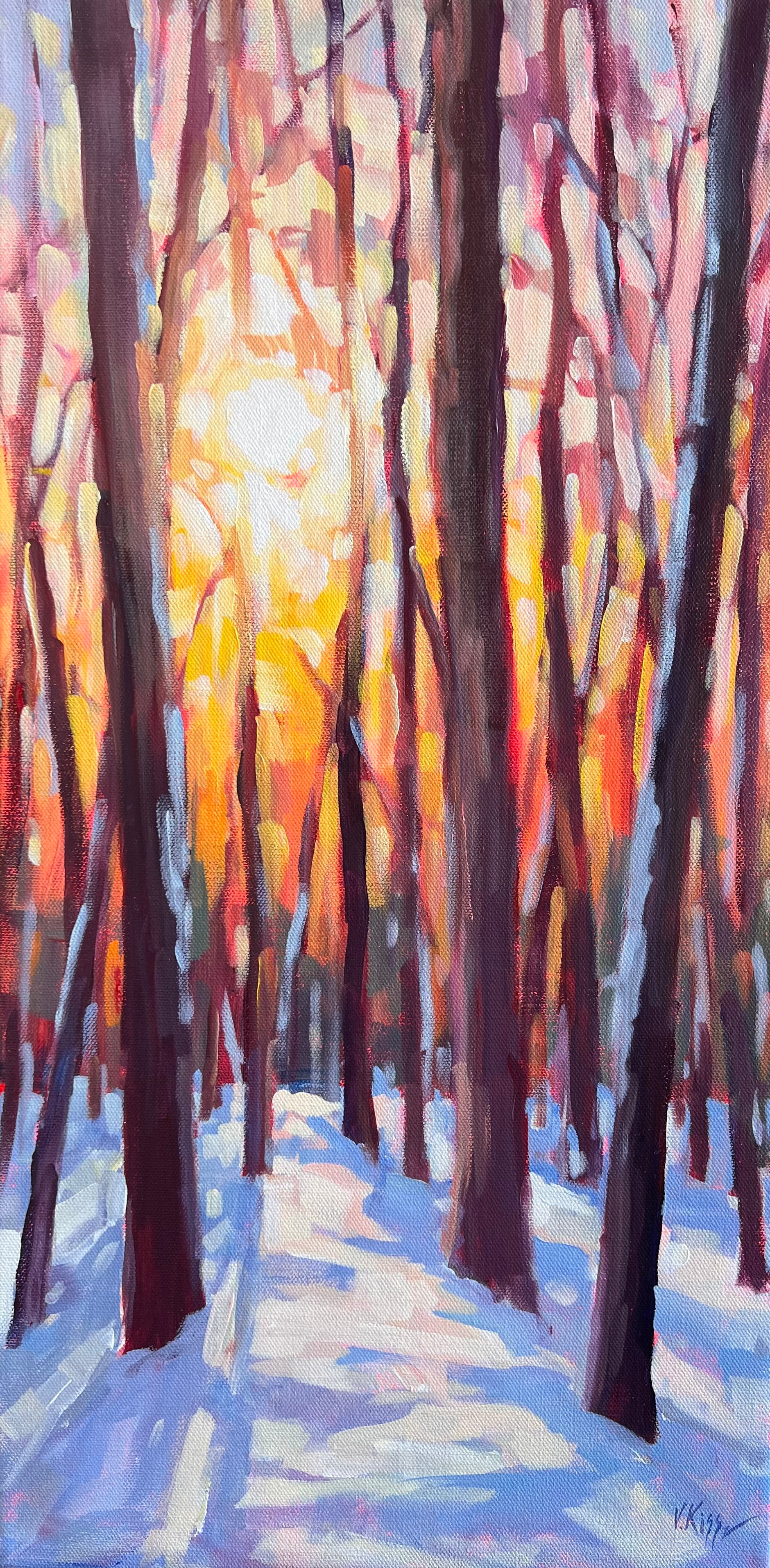 Painting of a winter forest with warm colors and sunlight filtering through the trees.
