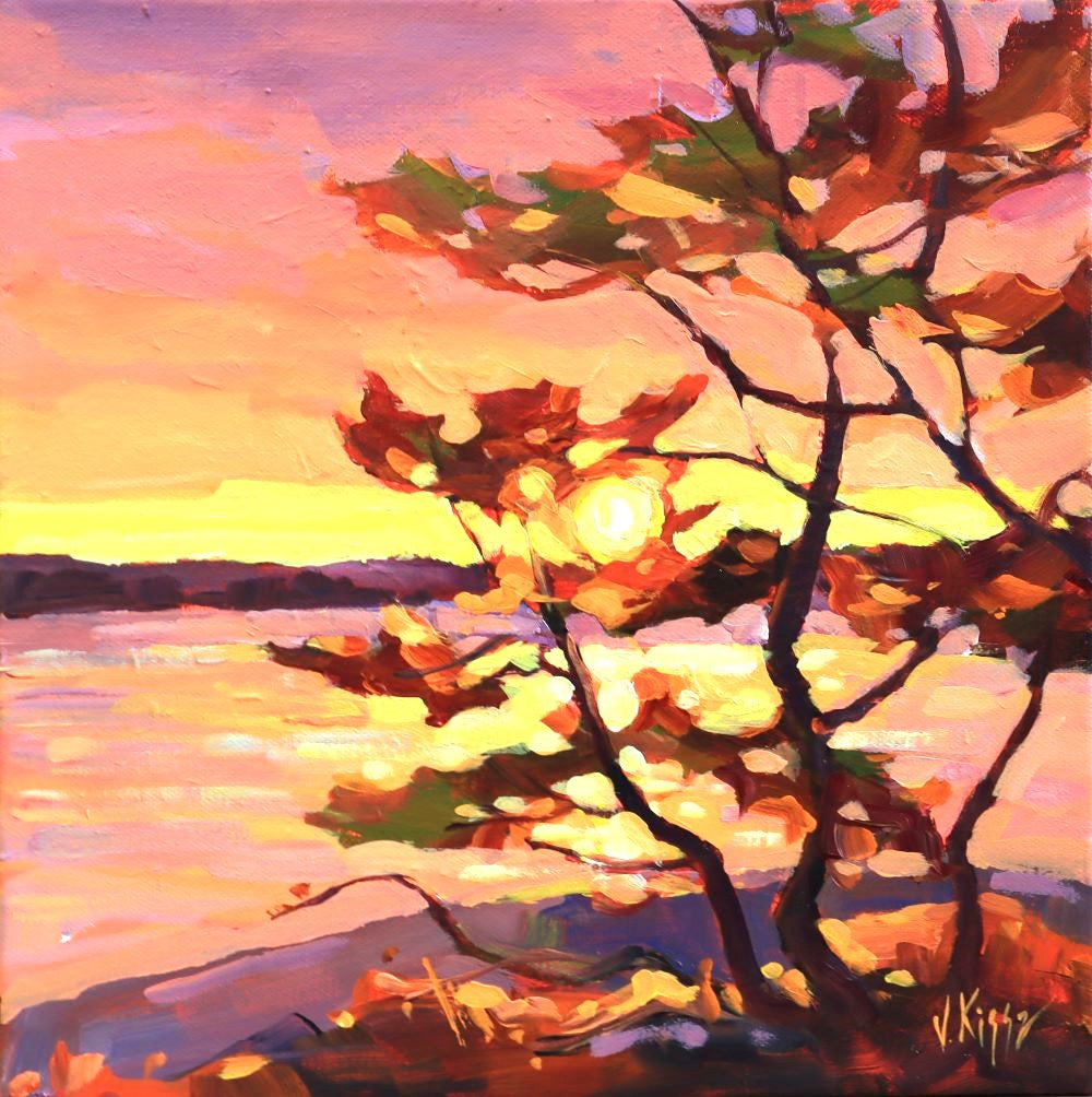 Painting of a tree with autumn leaves against a sunset sky over water.