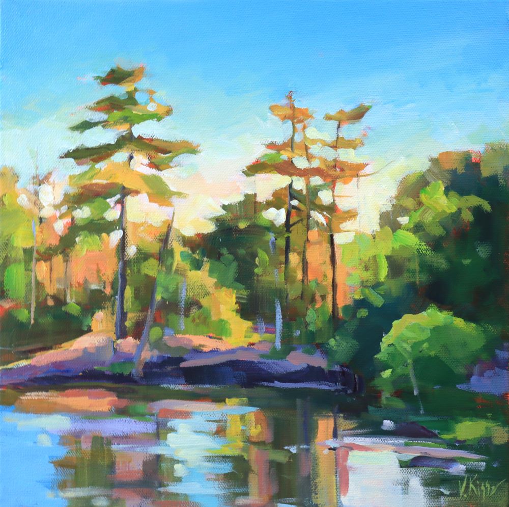 Painting of a serene forest scene with trees reflected in water