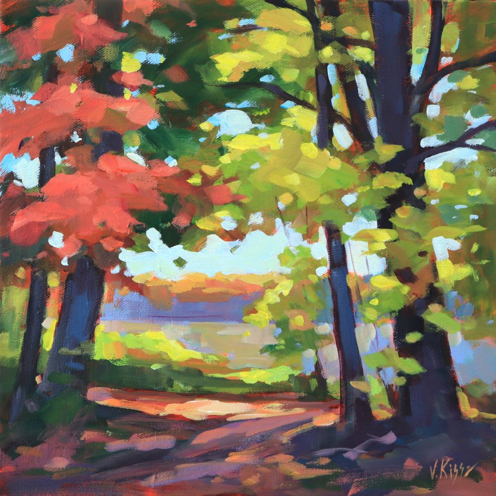 Colorful painting of a forest scene with trees and a path.