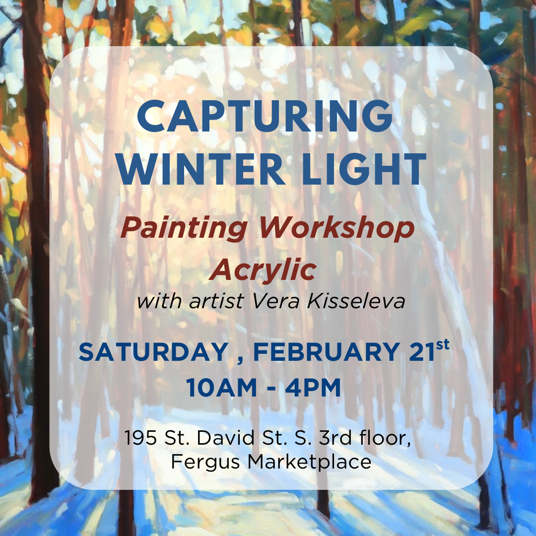 Promotional flyer for a painting workshop titled 'Capturing Winter Light' with an acrylic painting of snowy trees in the background.