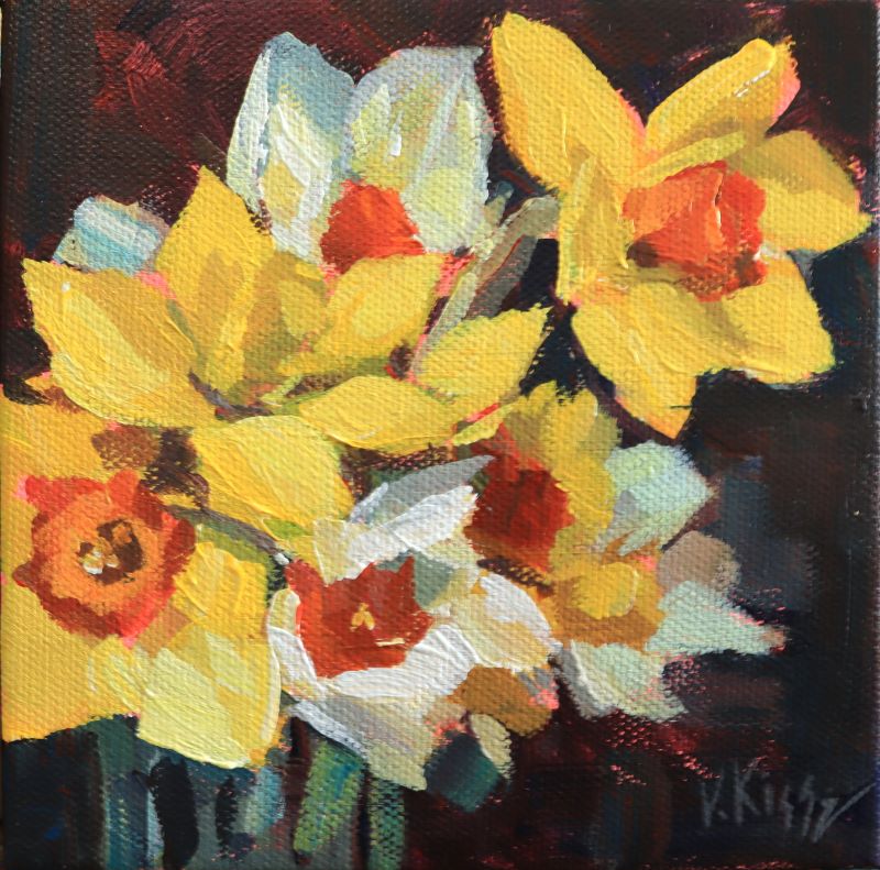 Painting of yellow and white daffodil flowers with red centers on a dark background