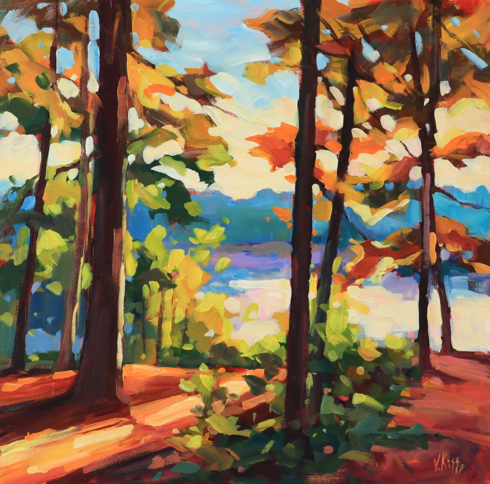 Colorful painting of a forest scene with trees and sky.