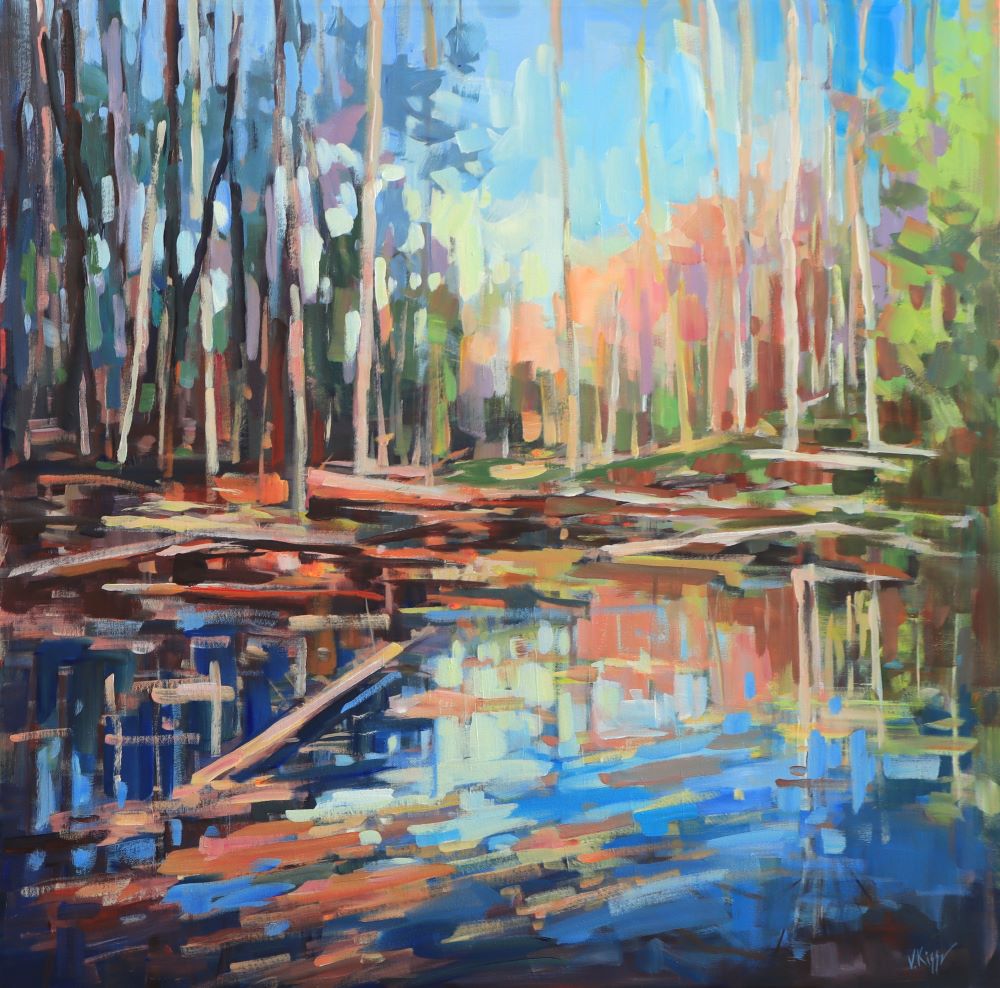 Colorful painting depicted pond and reflections in the water