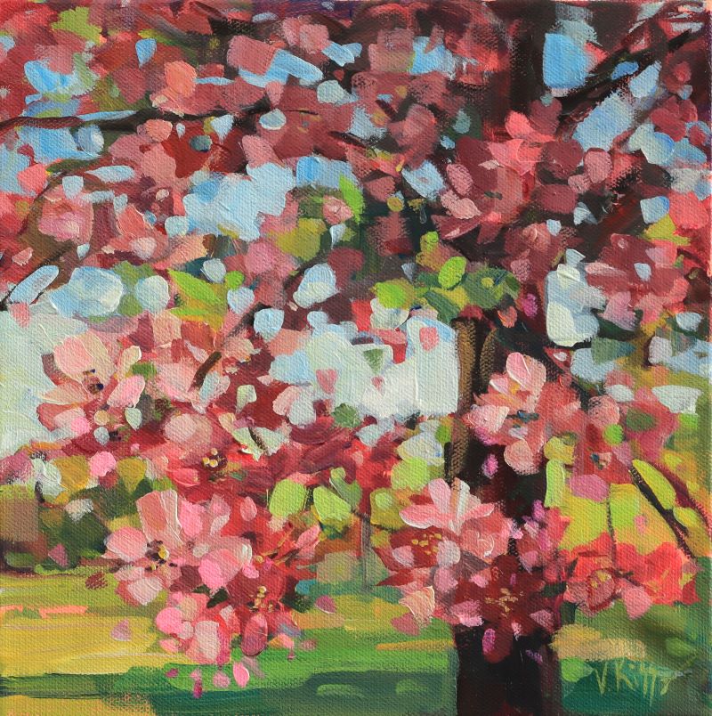 Colorful painting of a flowering tree with pink and red blossoms.