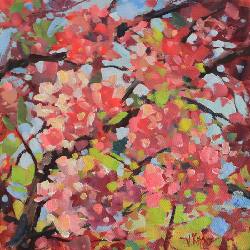 Colorful abstract painting of flowers and branches