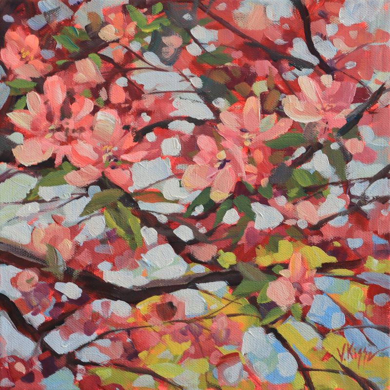 Colorful painting of cherry blossoms with vibrant pink, red, and green hues.