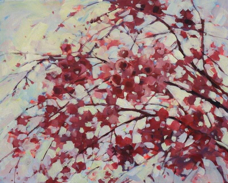 Floral painting with red, white, and pink spring blooms