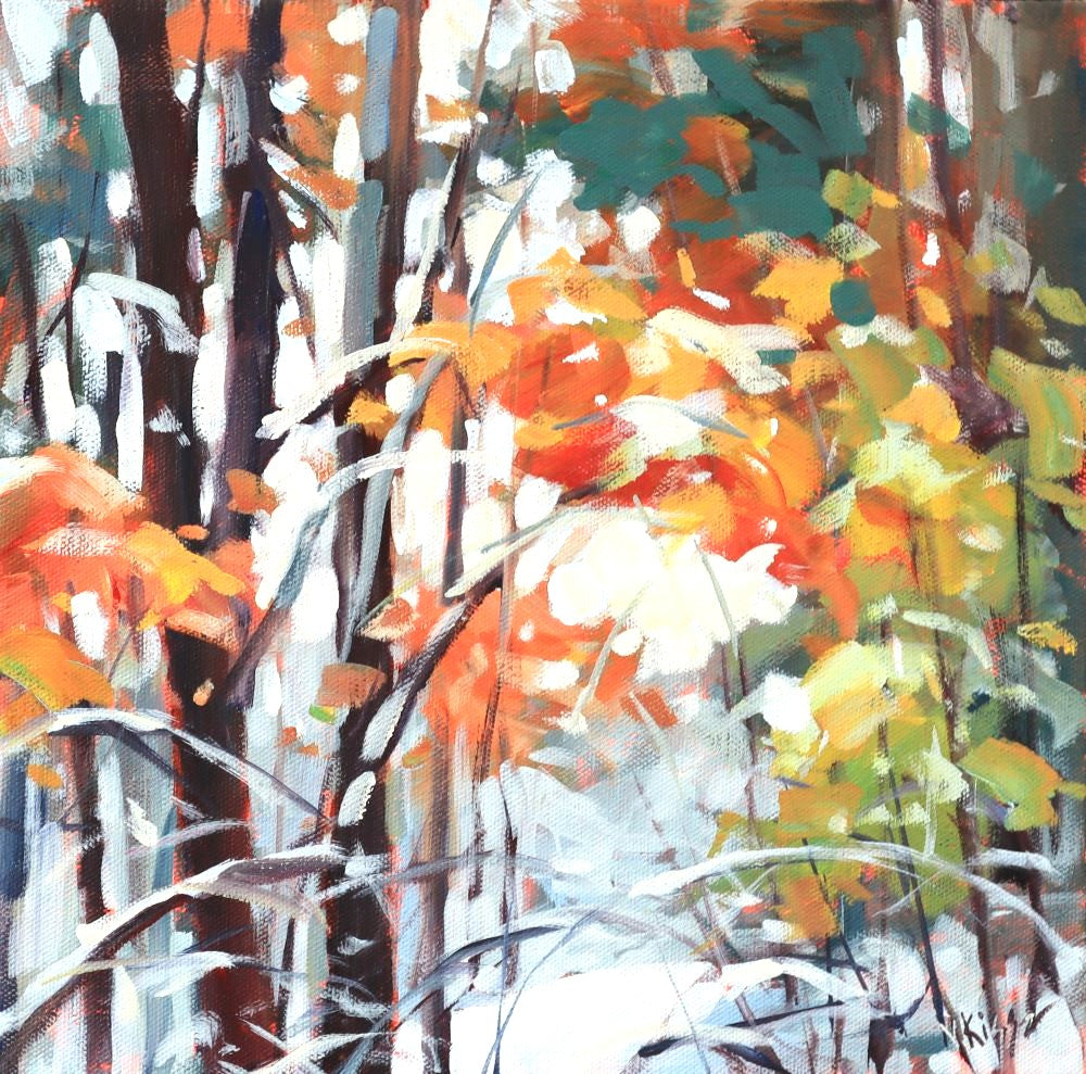 Abstract painting of autumn foliage with orange, yellow, and green leaves.