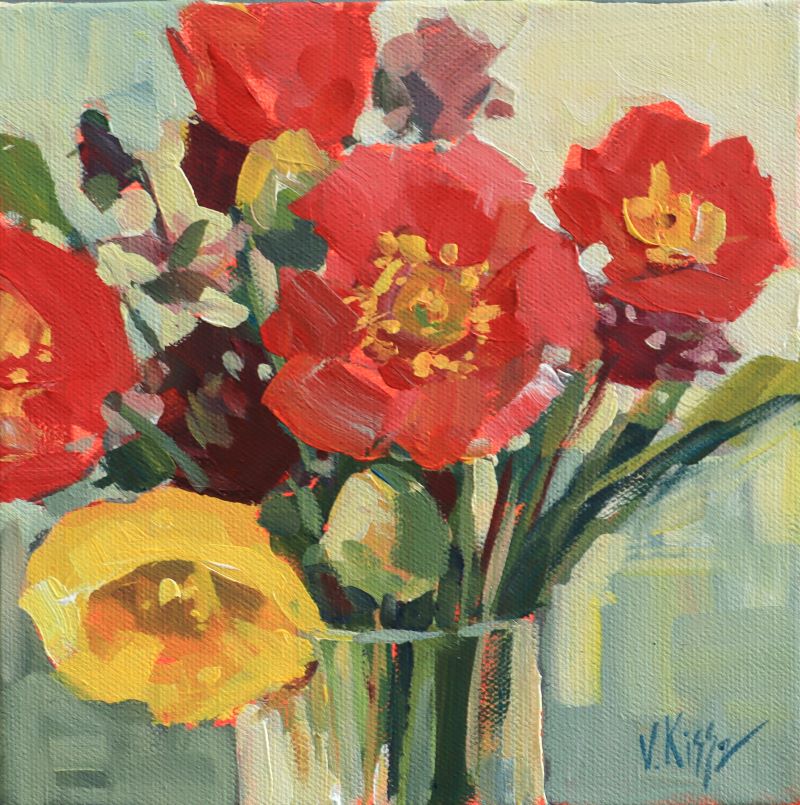 Painting of red and yellow flowers in a vase with a blurred background