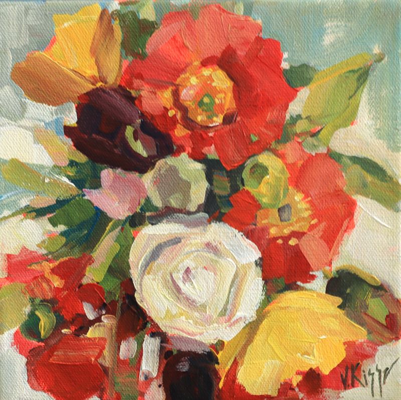 Abstract Floral Painting of bright red, orange and white flowers with some green leaves