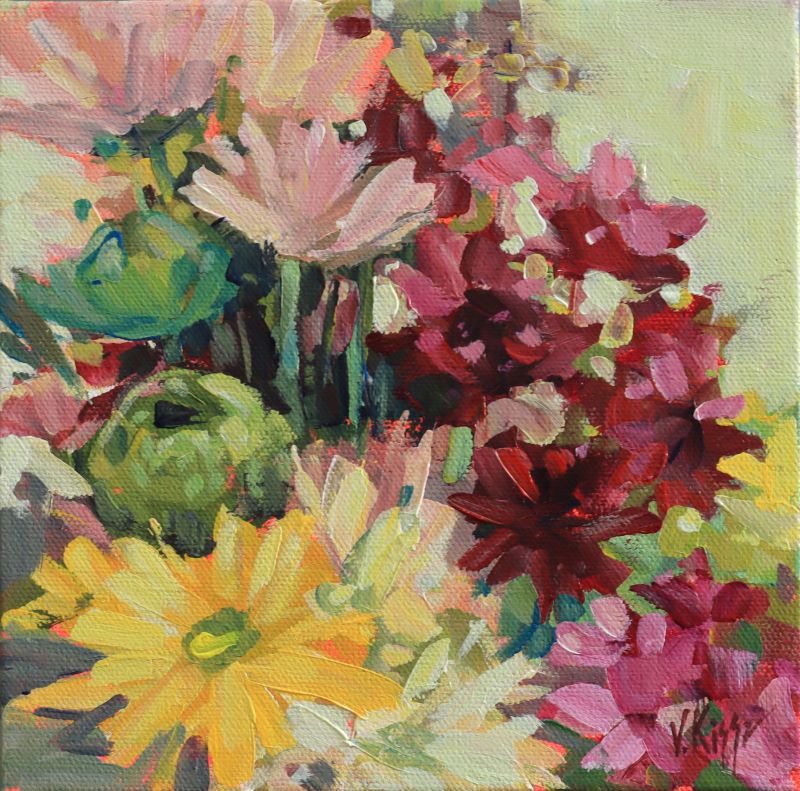 Colorful floral painting with a variety of flowers on a textured background