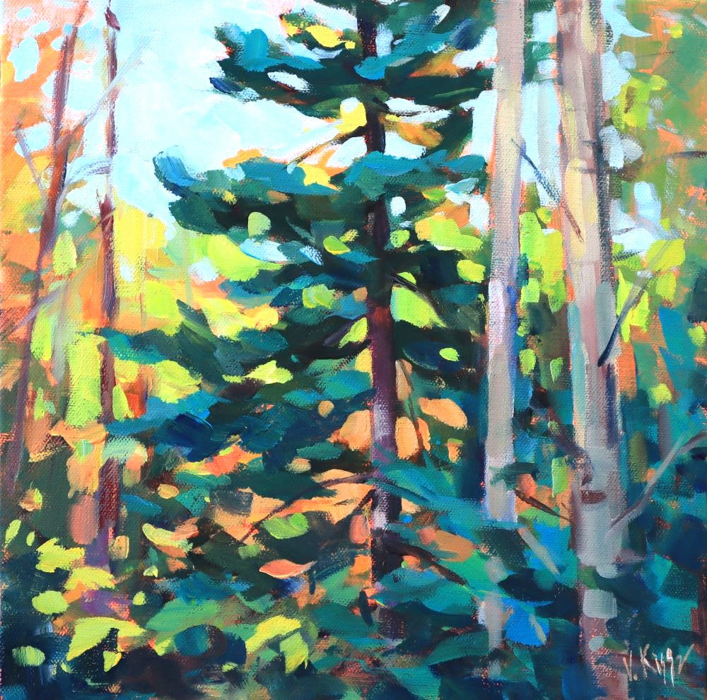Original acrylic painting depicted forest and a pine tree