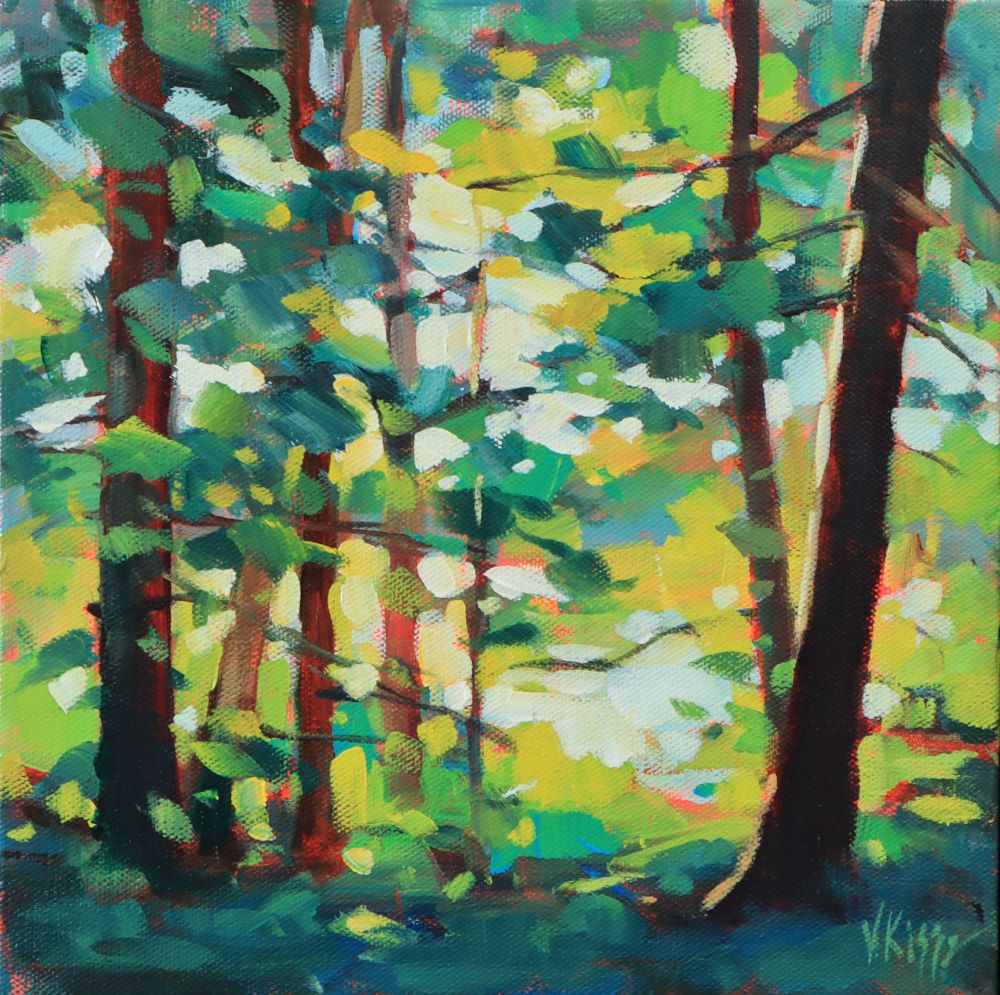 Colorful painting of a forest scene with trees and sunlight filtering through the leaves.