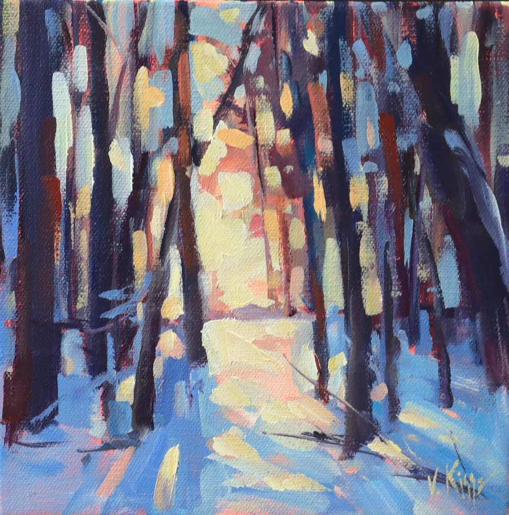 Abstract painting of a forest with colorful trees and ground.