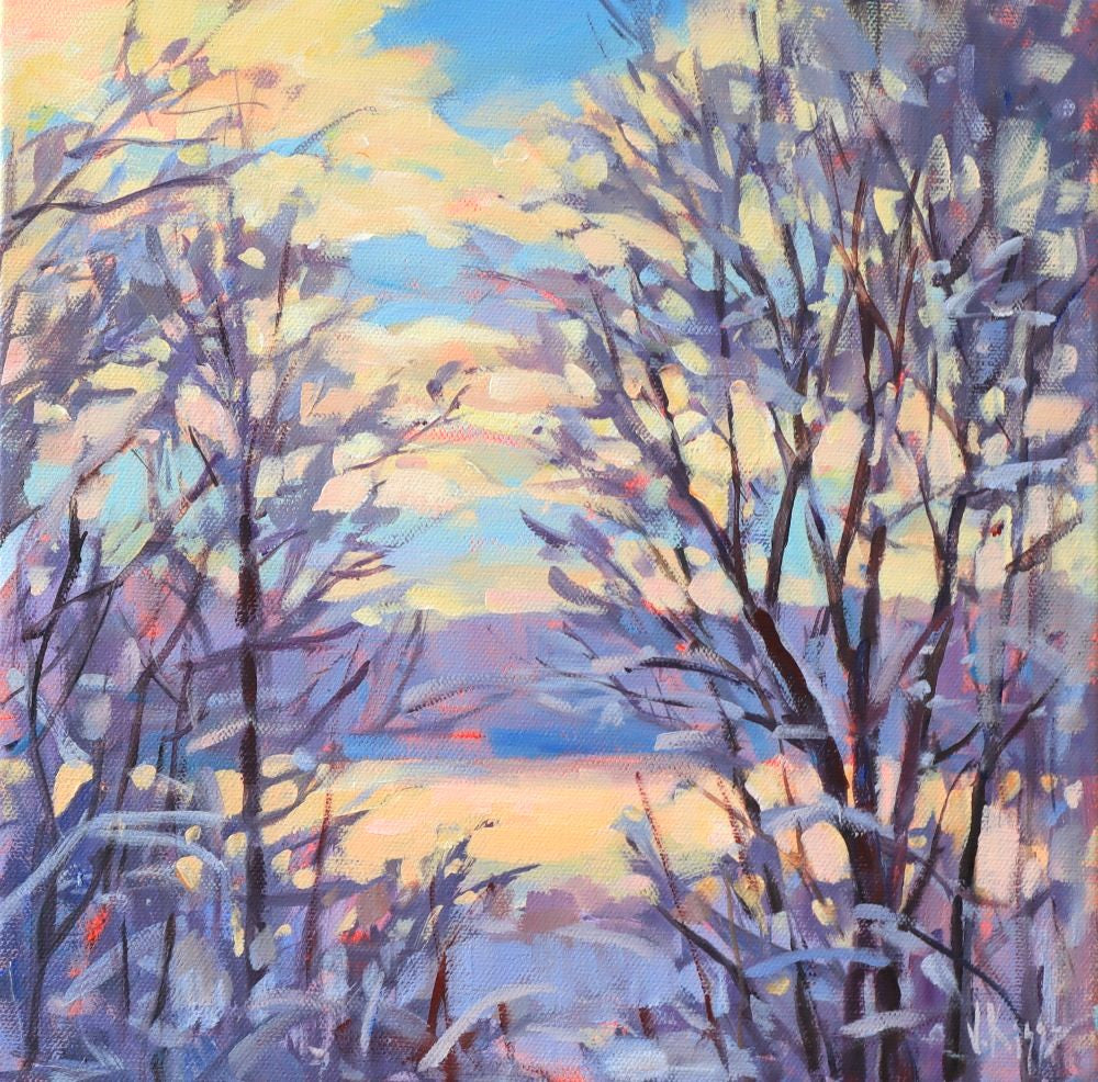 Colorful abstract painting of trees and sky