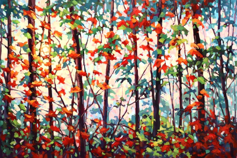 Largescale original acrylic painting depicted autumn forest and sun coming through orange and red leaves