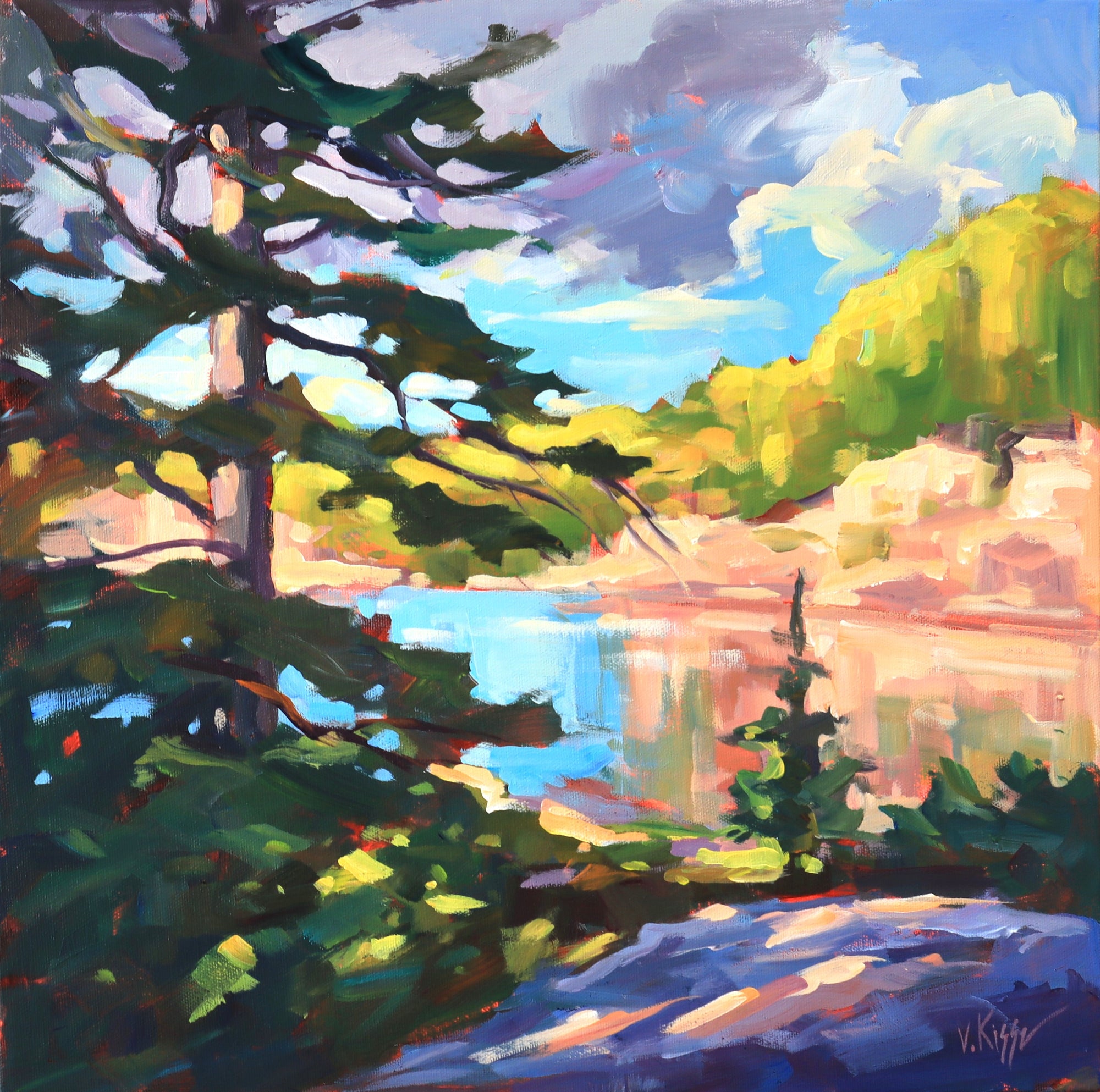 Colorful landscape painting of a lake surrounded by trees and mountains.
