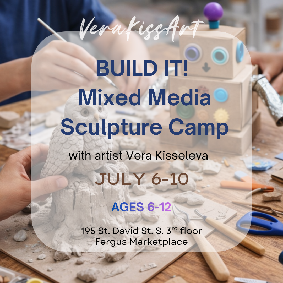 Advertisement for a mixed media sculpture camp with children working on art projects.