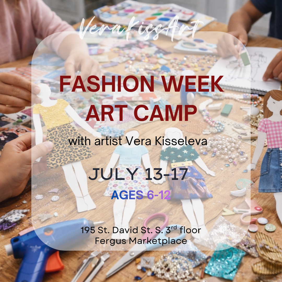 Advertisement for a Fashion Week Art Camp with children working on craft projects.