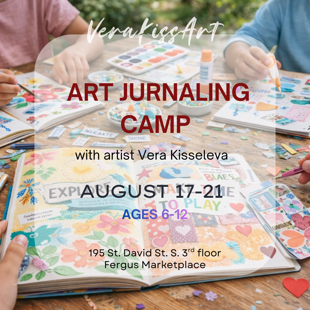 Advertisement for art journaling camp with children at a table, featuring colorful art supplies and open journals.