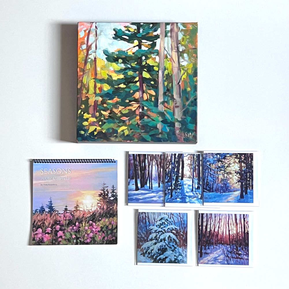 Art Gift Bundle includes original acrylic painting, a 2026 calendar and set of greeting cards by artist Vera kisseleva