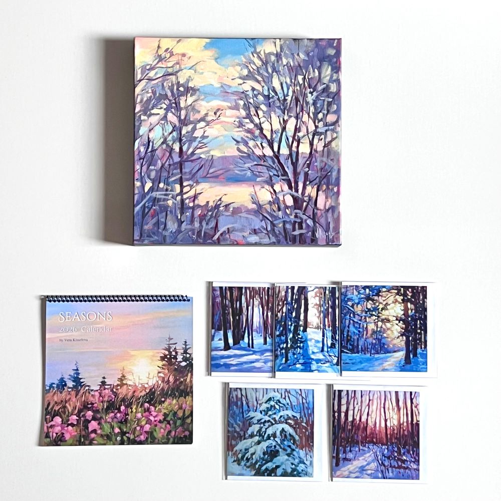 Set of six calendars with winter and nature scenes on a white background