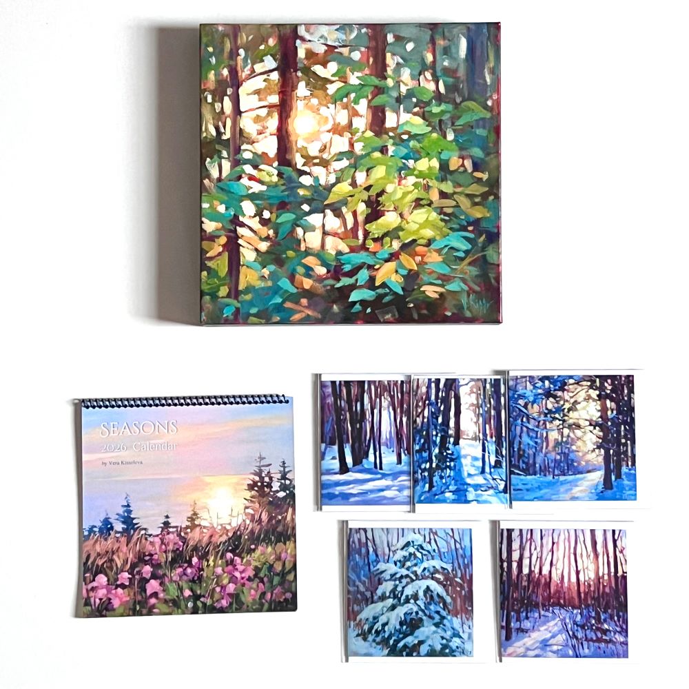 Set of four calendars depicting different seasons with forest and nature scenes.