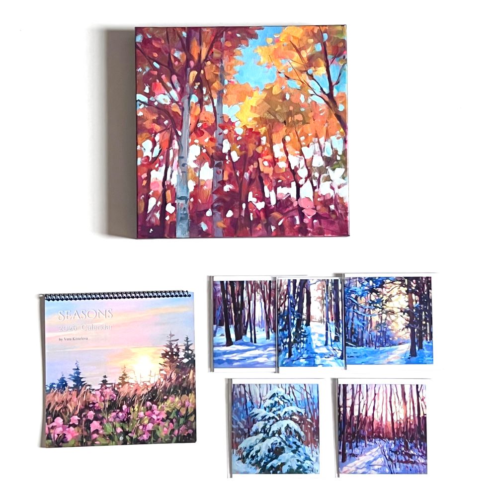 Set of four wall art prints depicting different seasons with trees and landscapes.
