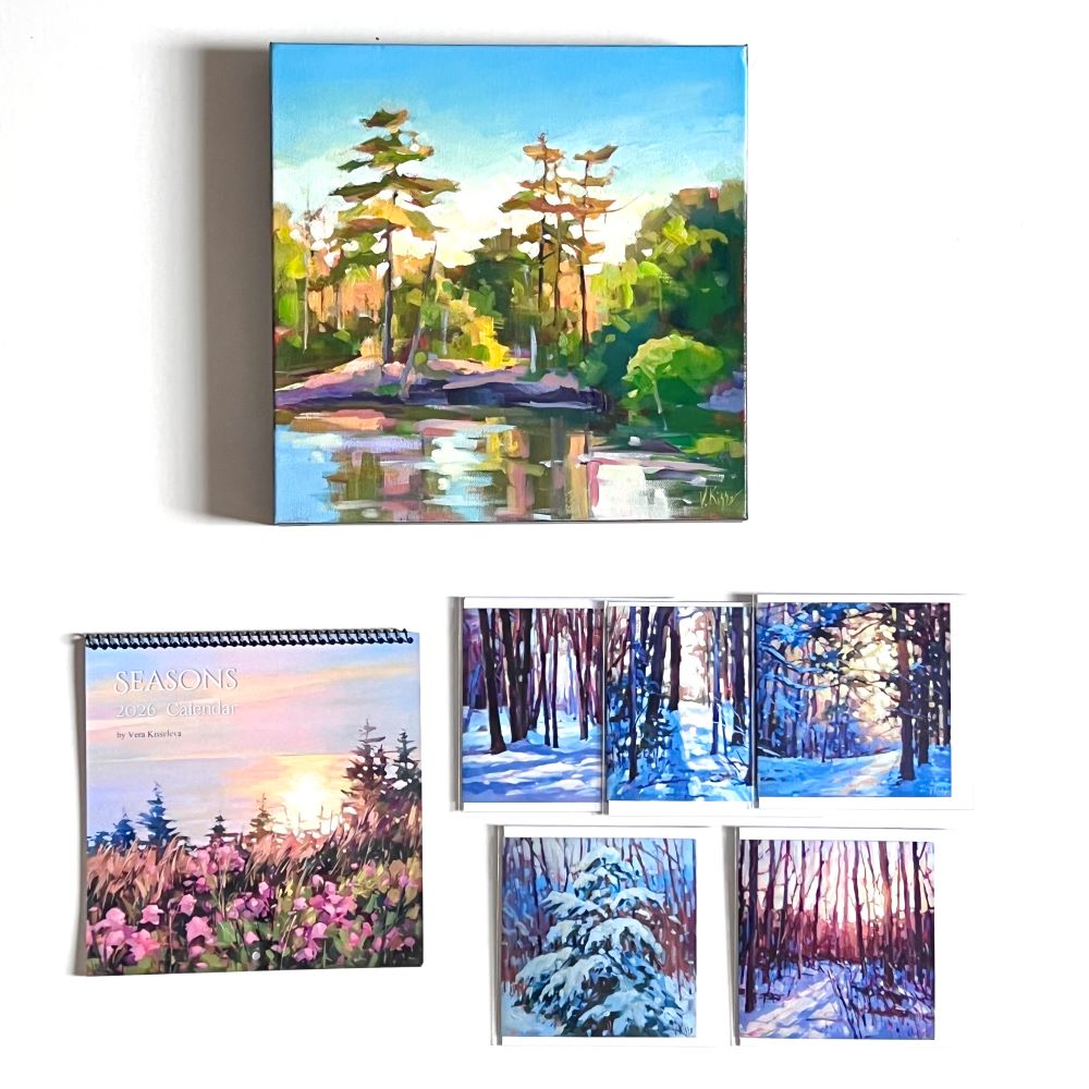 Set of four calendars depicting different seasons with nature scenes.