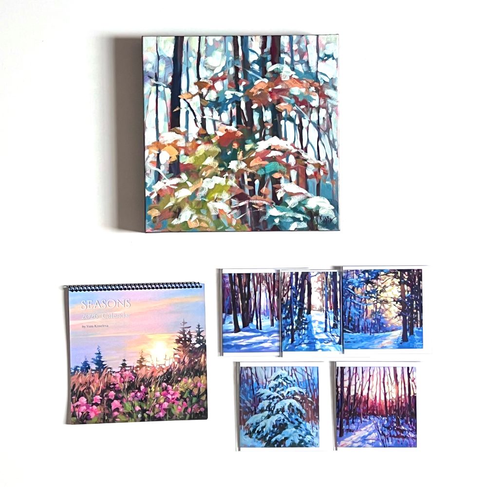Art gift bundle includes set of cards, a 2026 calendar and original 12x12 painting