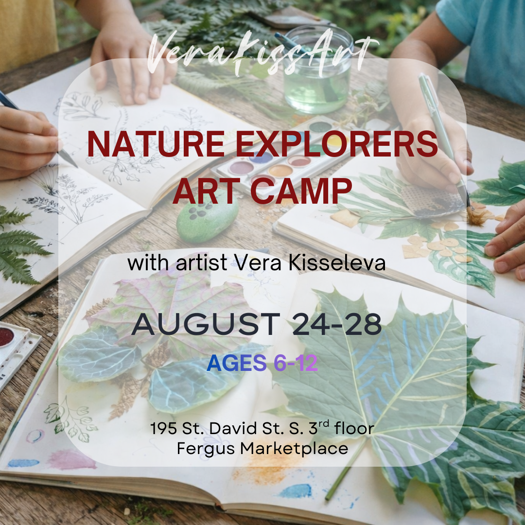 Advertisement for Nature Explorers Art Camp with children painting leaves, featuring Vera Kisseleva's name.